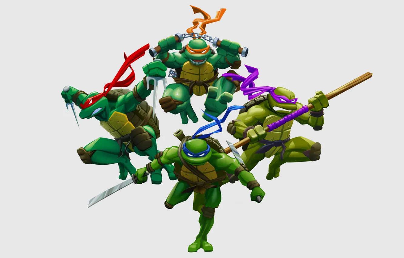 Фото обои Черепашки-ниндзя, Raphael, Leonardo, Donatello, Teenage Mutant Ninja Turtles, Michelangelo, мутанты ниндзя черепашки