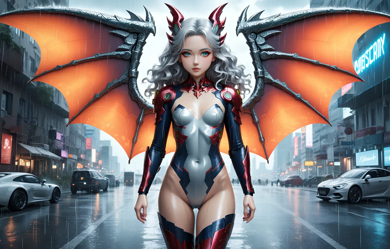 Фото обои city, girl, fantasy, horns, cars, wings, blue eyes, digital art