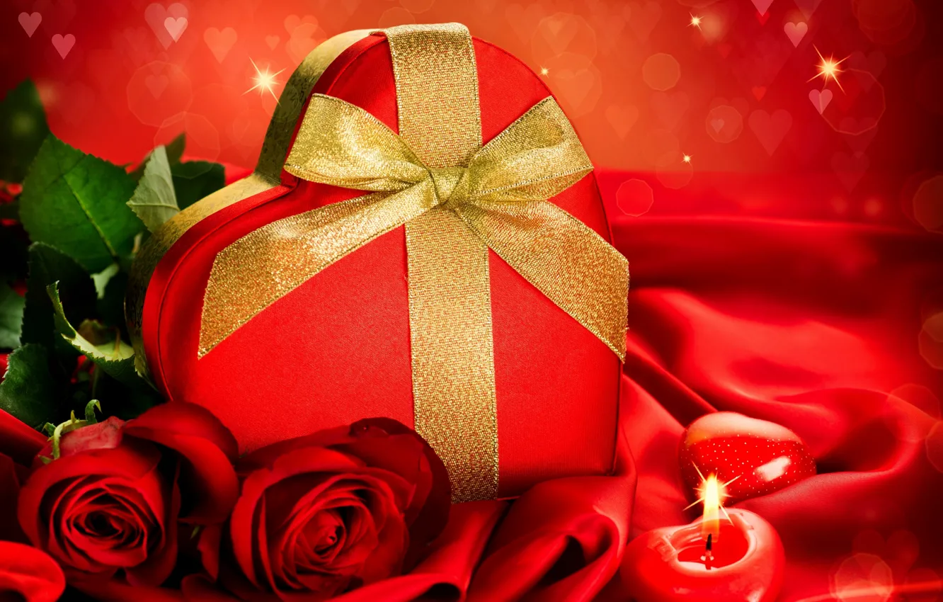 Фото обои цветы, коробка, подарок, сердце, розы, свеча, конфеты, День Святого Валентина