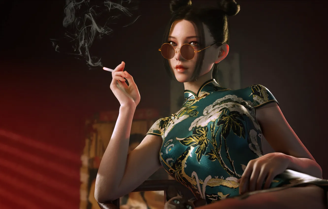 Фото обои smoking, digital art, glasses, CGI, character design