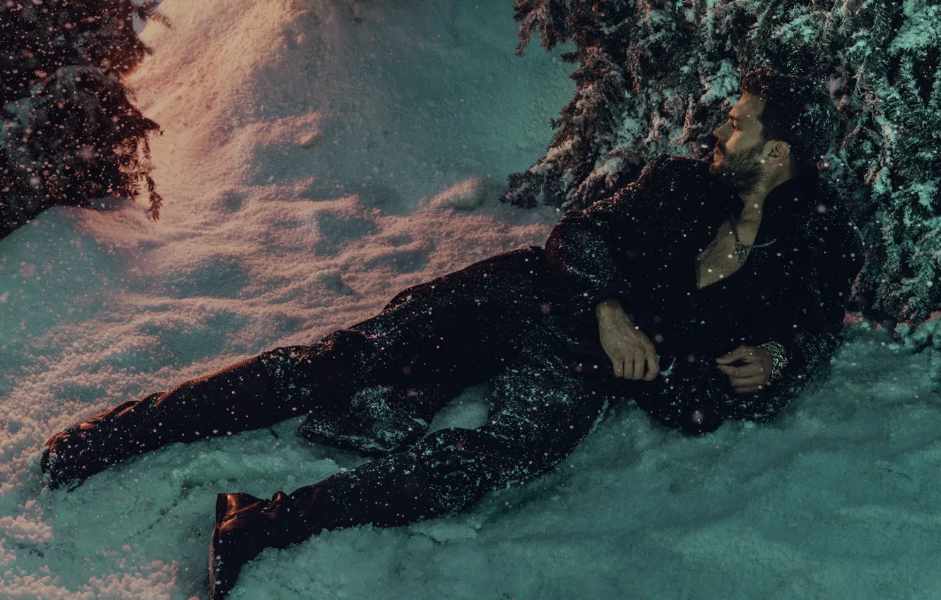 Фото обои зима, деревья, актер, лежит, на снегу, в лесу, Jamie Dornan, Джейми Дорнан