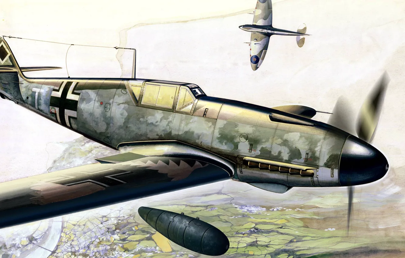 Фото обои рисунок, арт, Messerschmitt, Ме-109, воздушный бой, Supermarine Spitfire, люфтваффе, подвесной бак