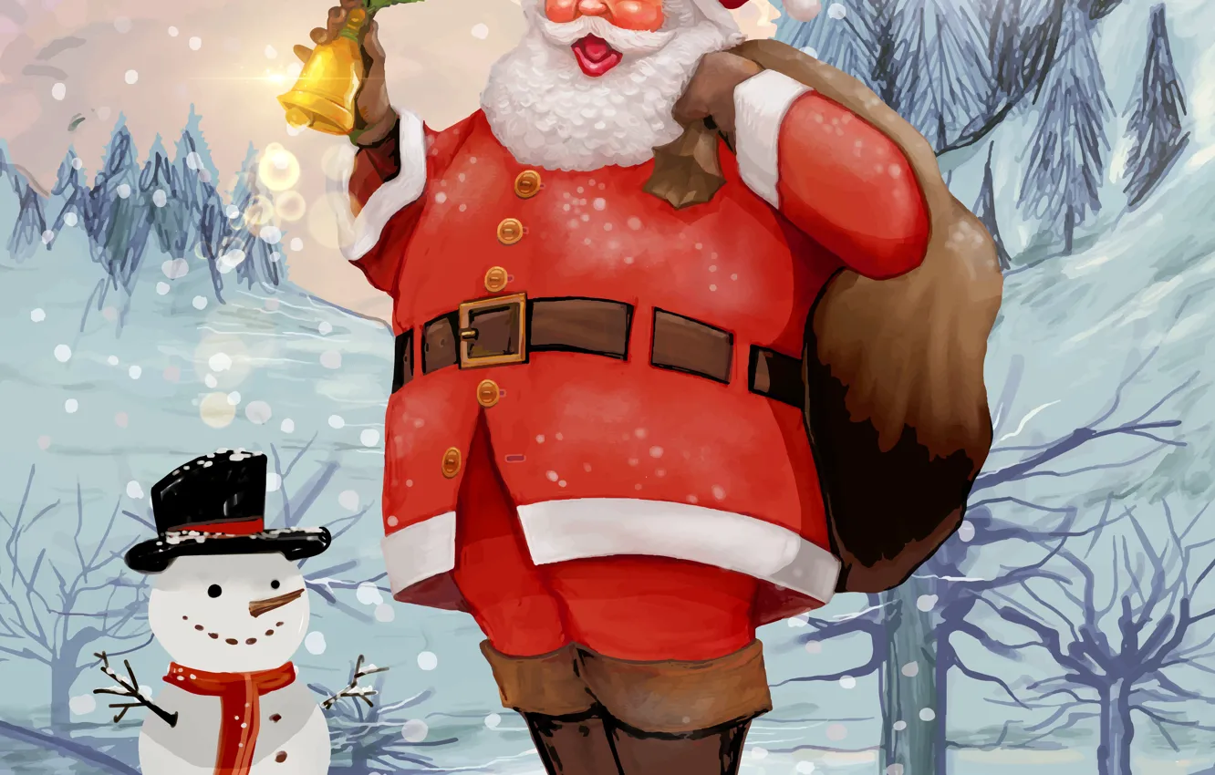 Фото обои Зима, Рождество, Новый год, Санта Клаус, Колокольчик, Подарки, Снеговик, Мешок