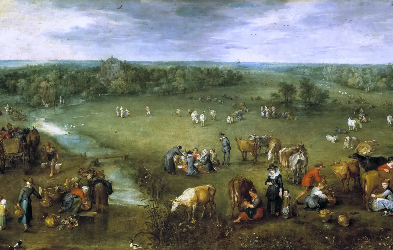Фото обои животные, пейзаж, дом, ручей, люди, картина, Ян Брейгель старший, Жизнь Фламандской Деревни