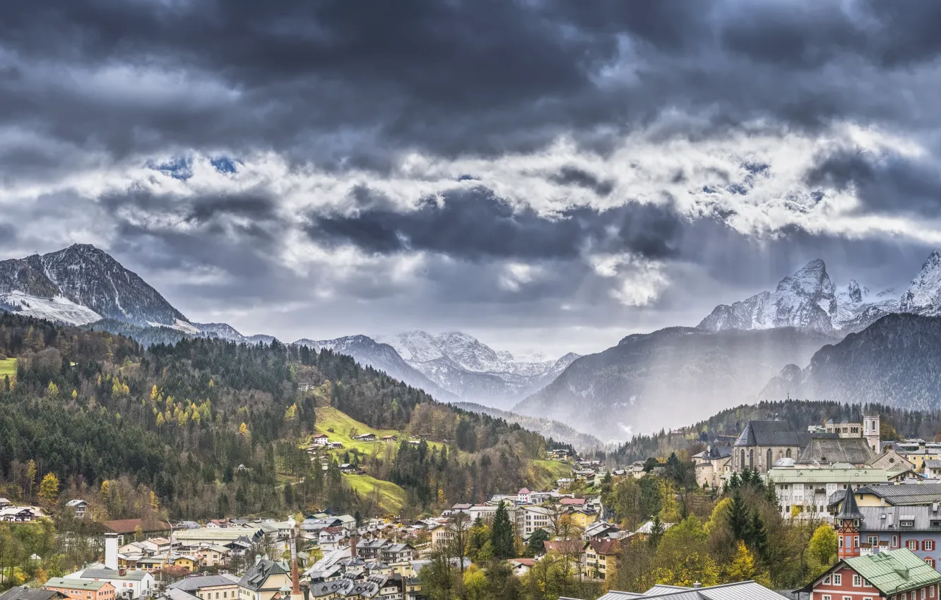 Фото обои Горы, Город, Лес, Бавария, Альпы, Пейзаж, Berchtesgaden