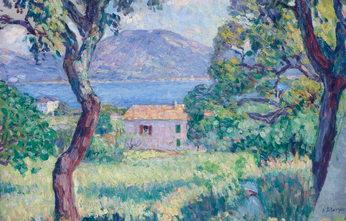 Фото обои море, деревья, пейзаж, горы, дом, картина, Анри Лебаск, View of Esterel