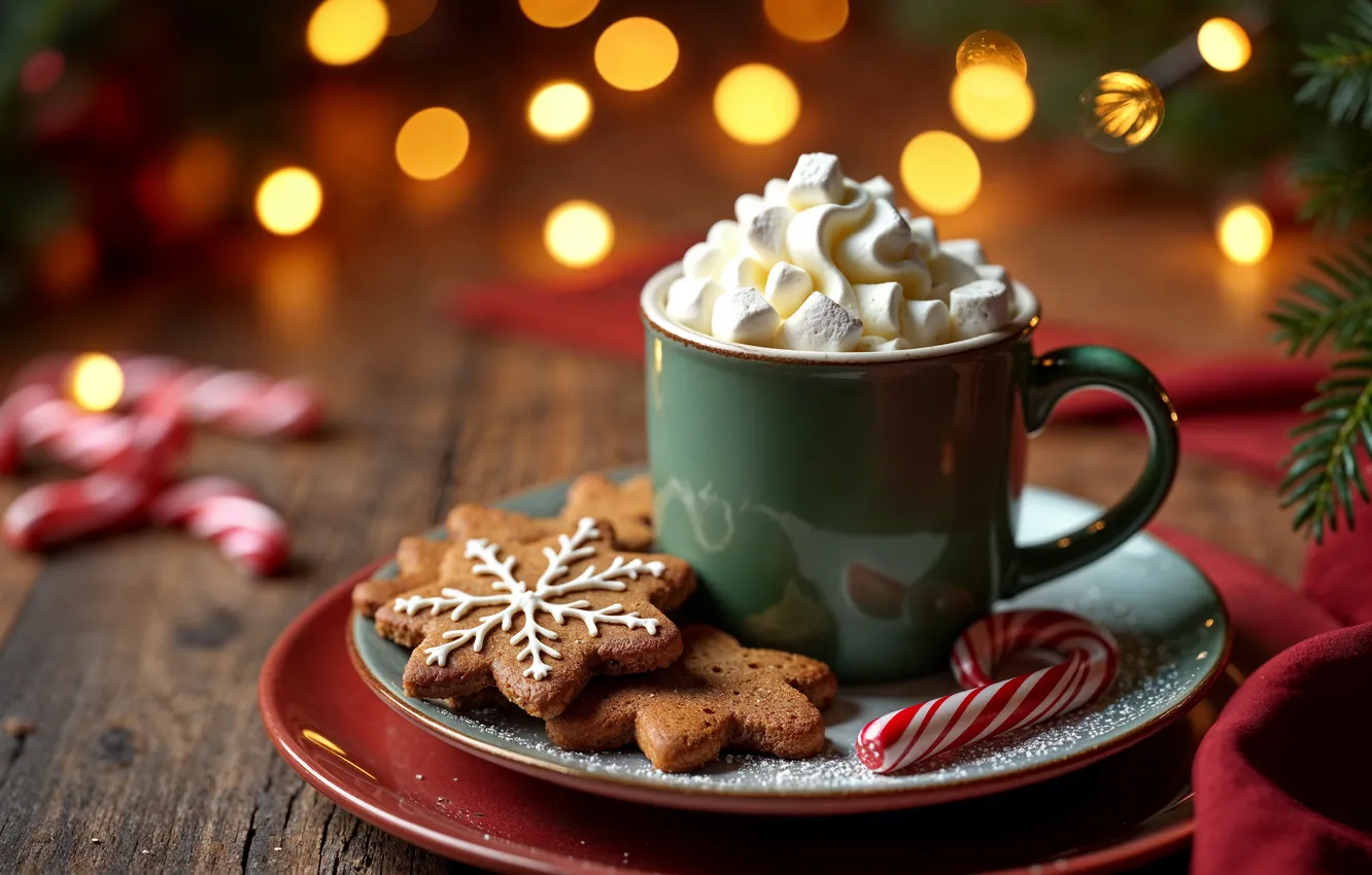 Фото обои украшения, Рождество, кружка, Новый год, Christmas, cup, какао, cookies