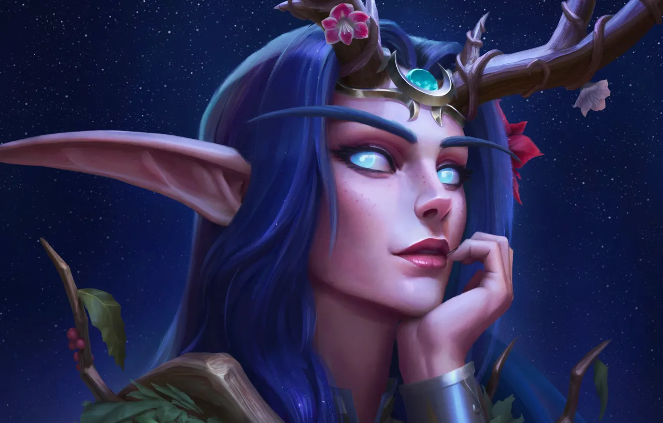 Фото обои Ночь, Игра, Лицо, WOW, Fantasy, Друид, Warcraft, Blizzard