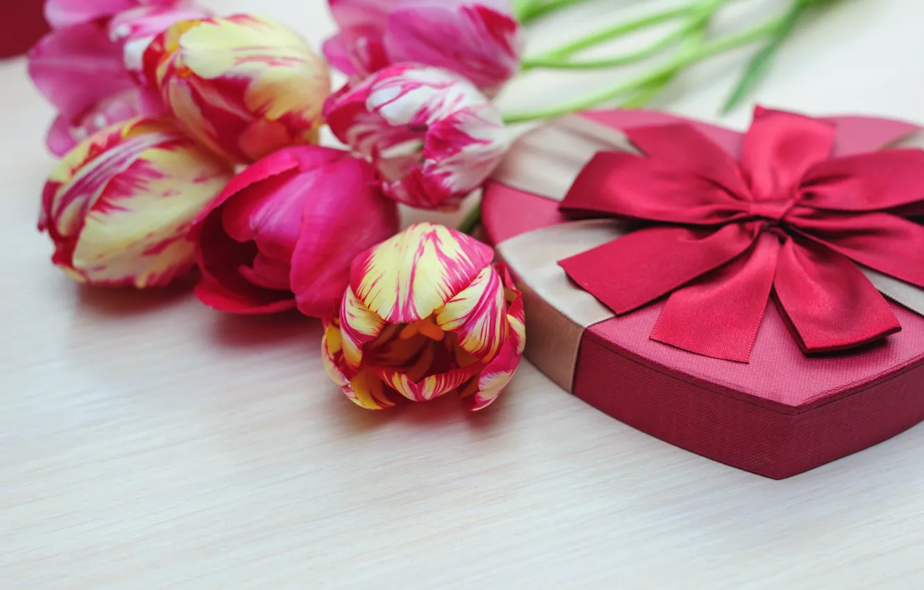 Фото обои букет, тюльпаны, love, бант, fresh, flowers, romantic, tulips