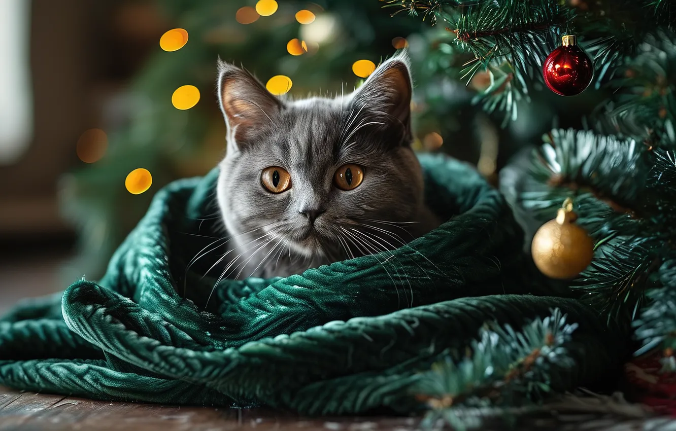 Фото обои кошка, взгляд, шарики, ветки, огни, поза, котенок, серый