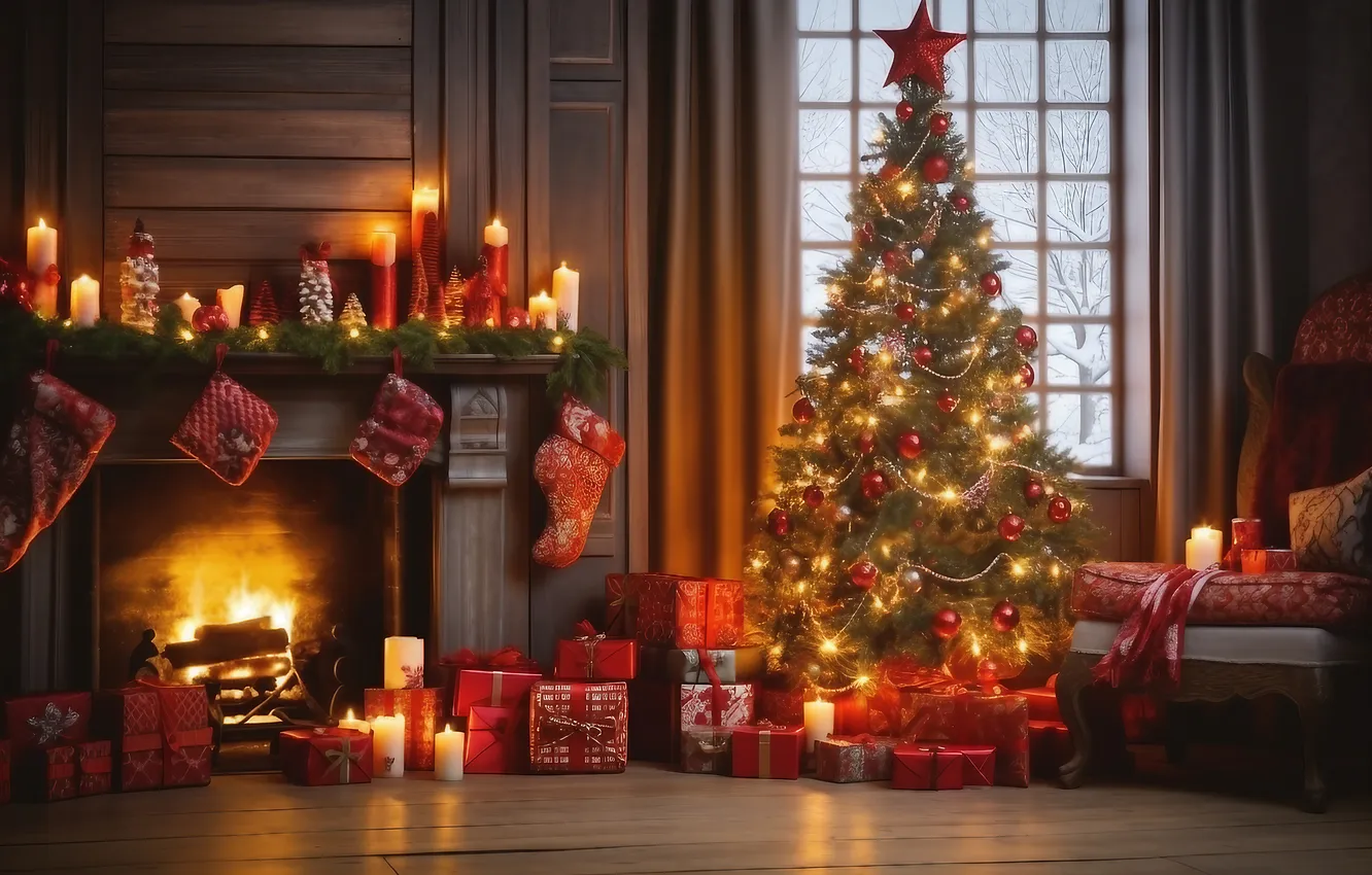 Фото обои комната, елка, интерьер, Рождество, Новый год, камин, Christmas, view
