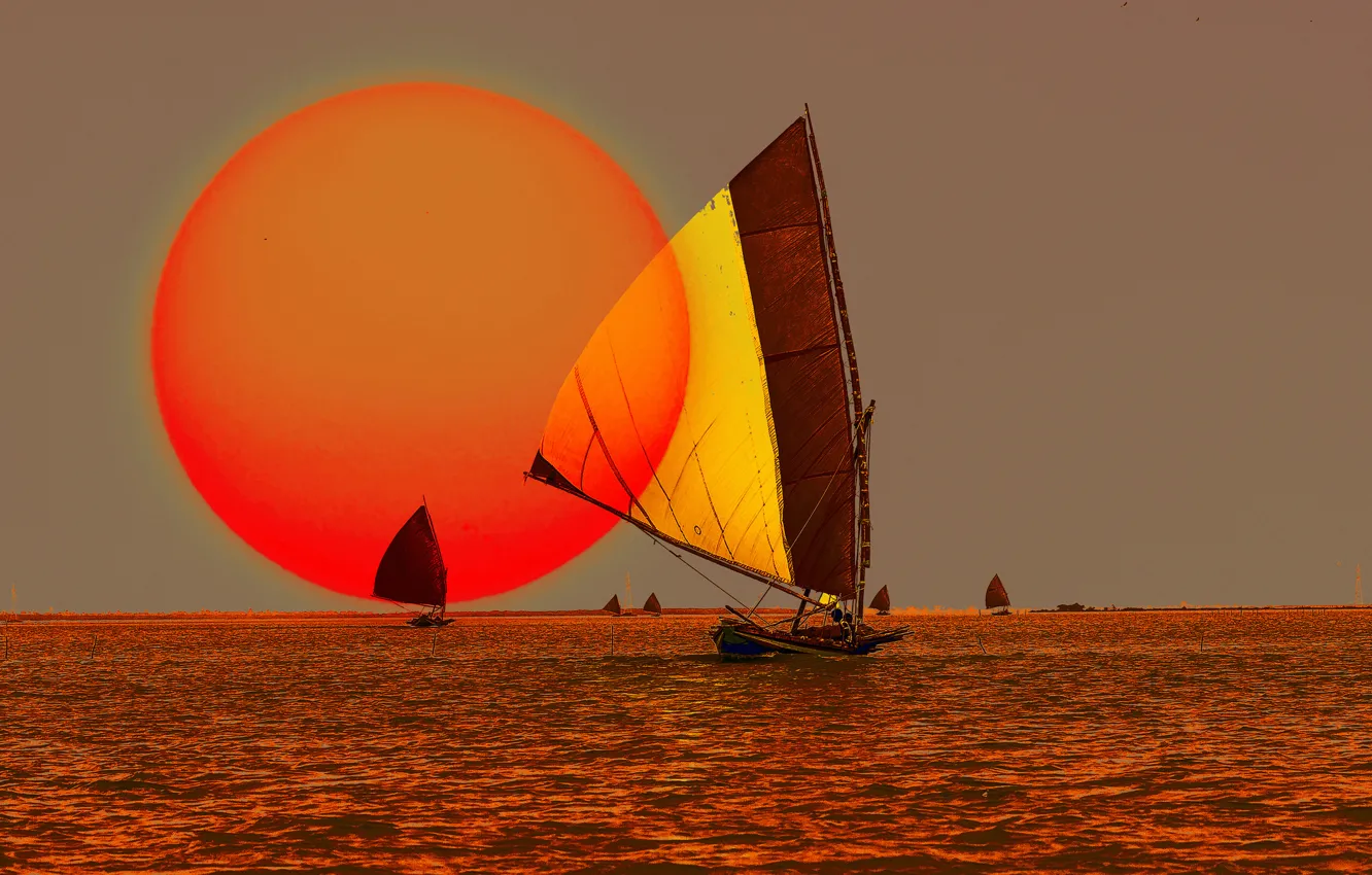 Фото обои море, небо, солнце, закат, лодки, парус