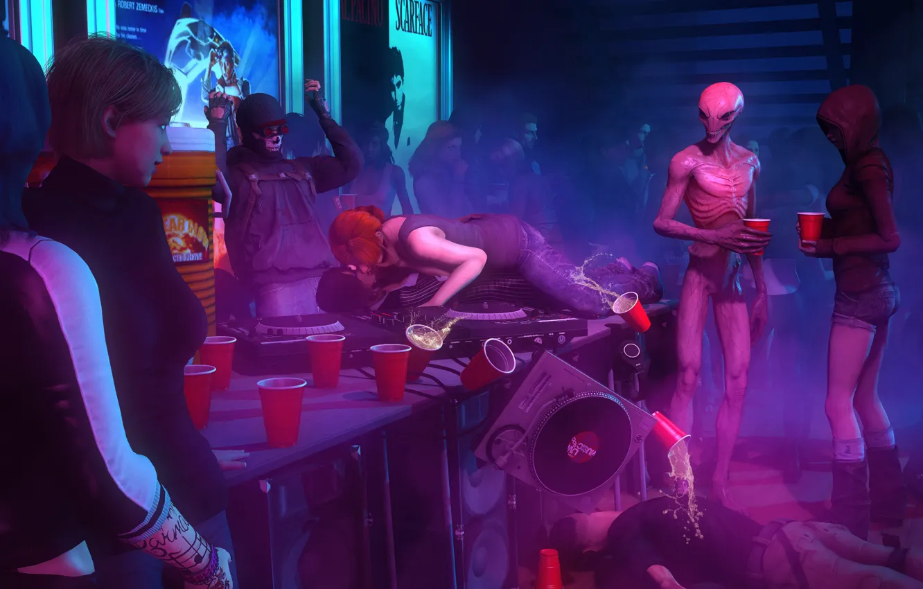 Фото обои девушка, ufo, алкоголь, пришелец, вечеринка, X-com