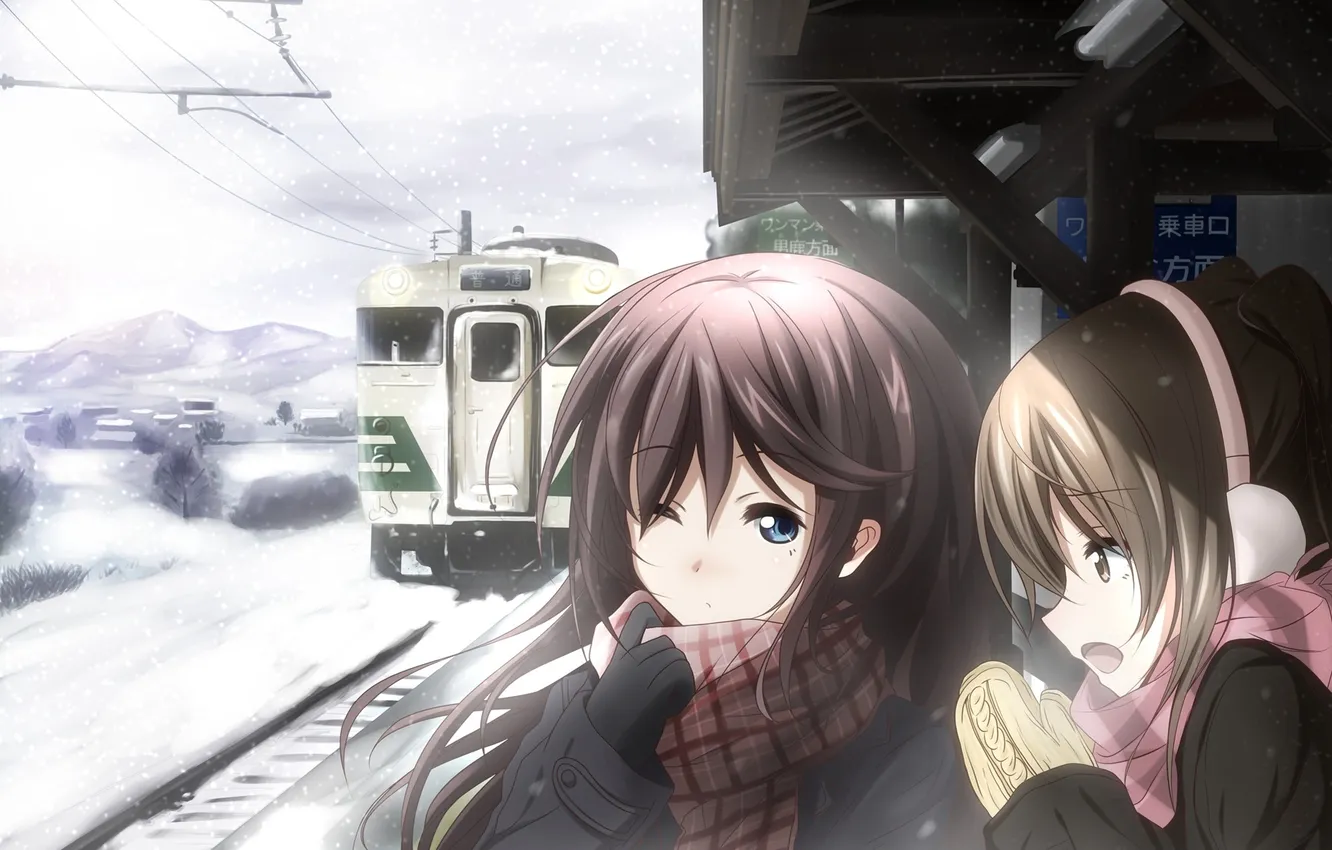 Фото обои холод, зима, снег, метро, девочки, поезд, шарф, перрон