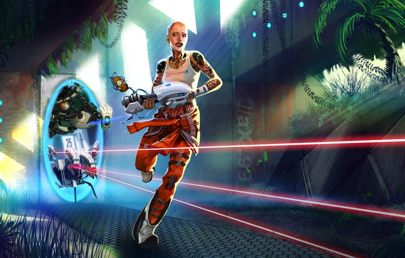 Фото обои девушка, оружие, робот, портал, лазер, portal