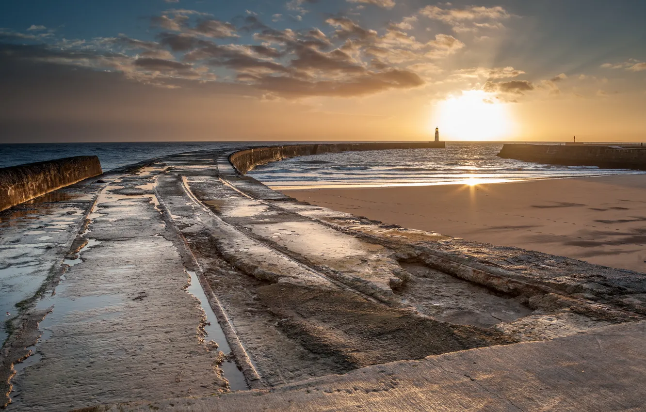 Фото обои Landscape, Coast, Sun, Sunrise, England, Lighthouse, Seaham, Pier