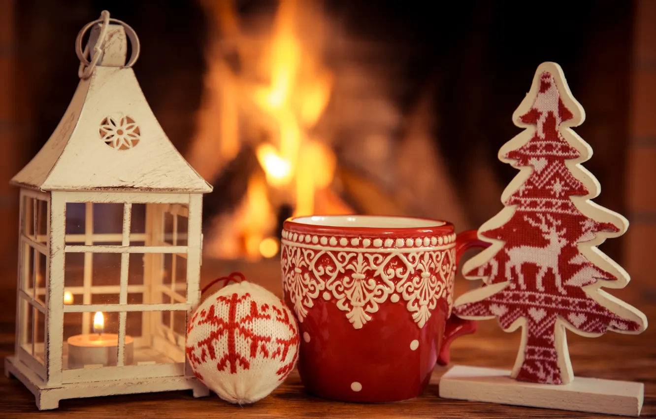 Фото обои украшения, Новый Год, Рождество, fire, камин, Christmas, cup, Xmas
