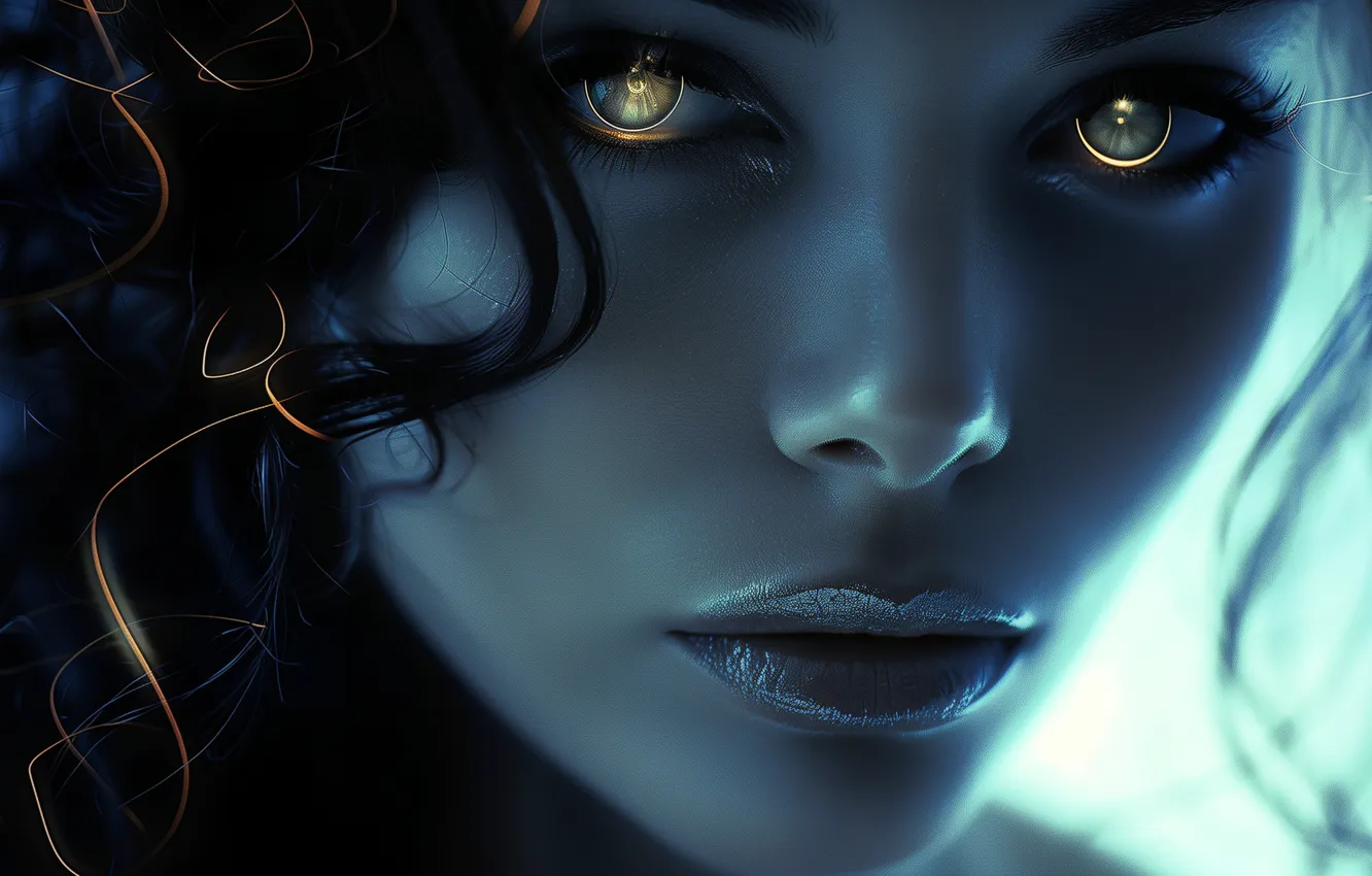 Фото обои взгляд, девушка, свет, лицо, стиль, портрет, макияж, брюнетка