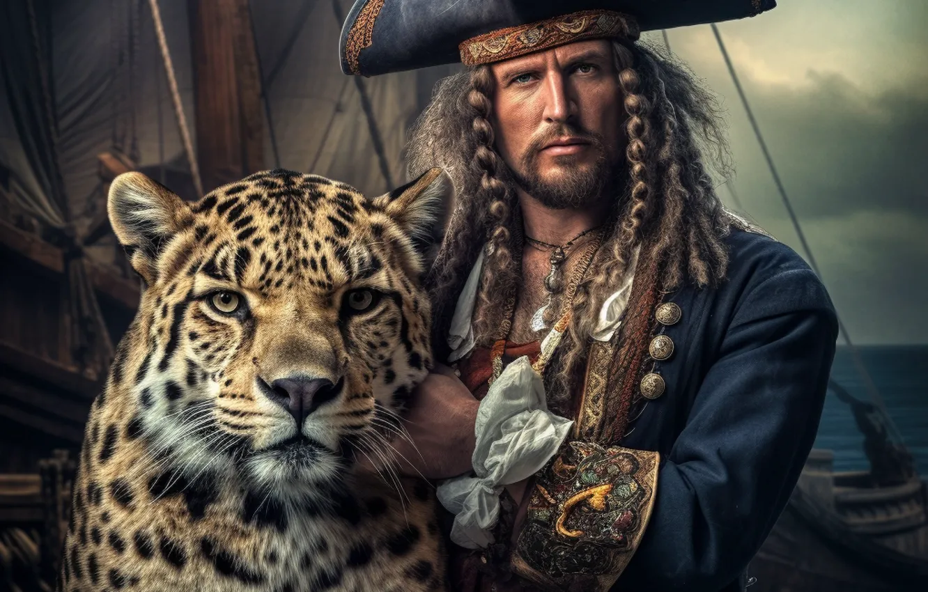 Фото обои пират, леопард, образ, мужчина, головной убор, ИИ-арт, нейросеть