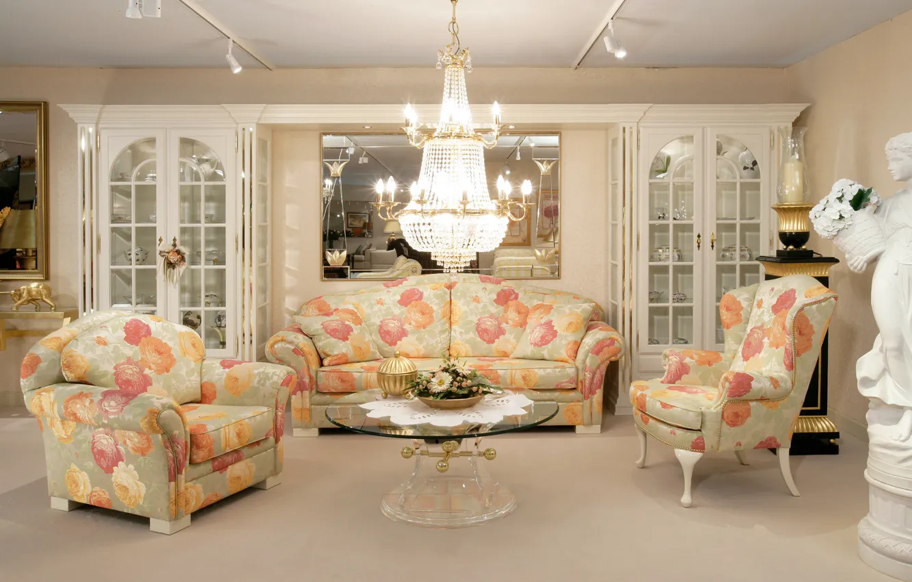 Фото обои дизайн, стол, диван, мебель, интерьер, зеркало, кресла, гостиная