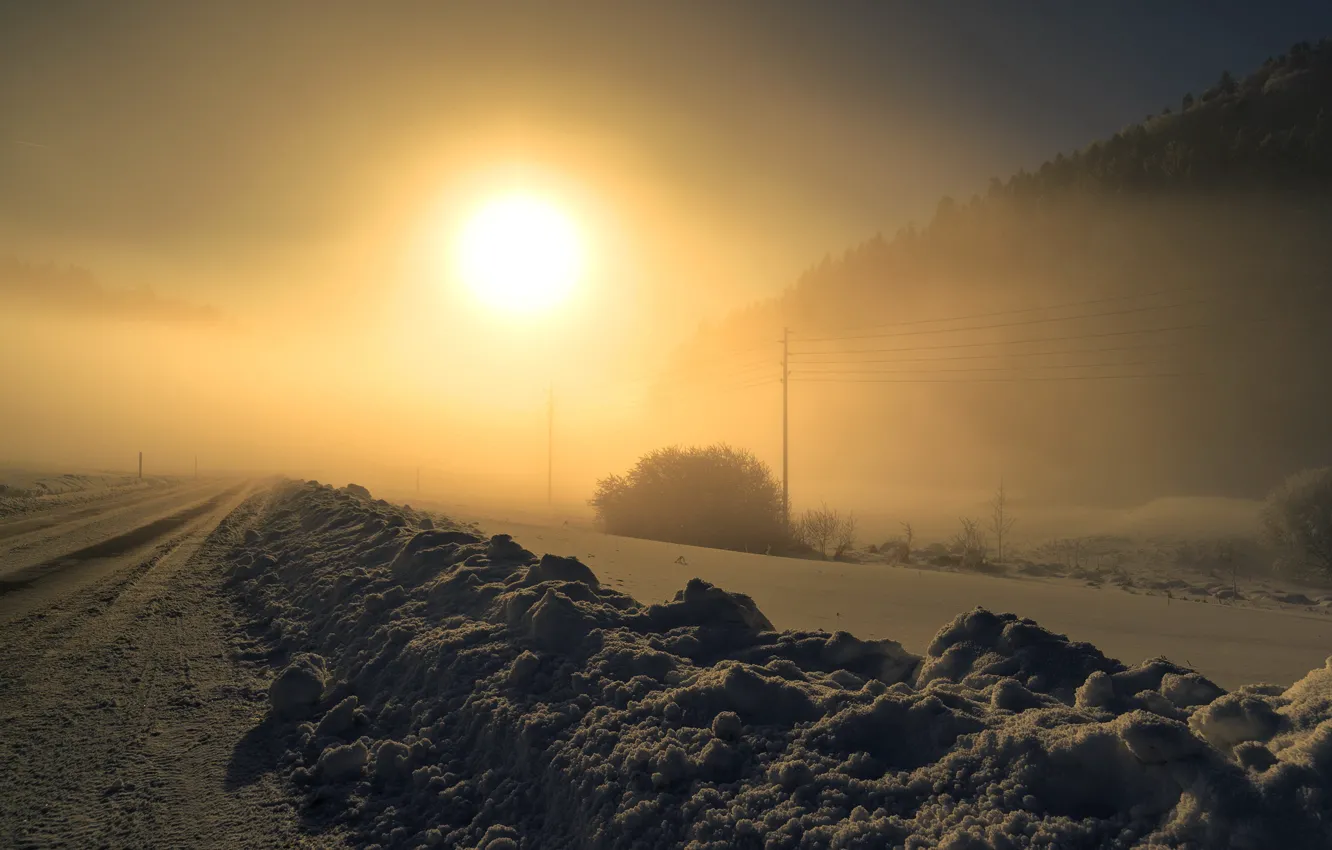 Фото обои зима, дорога, ночь, туман
