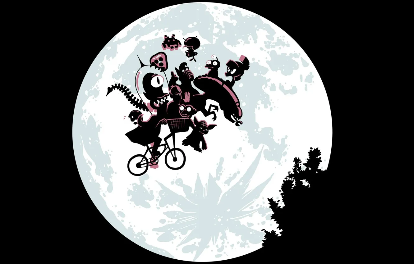 Фото обои велосипед, луна, монстры, пародия