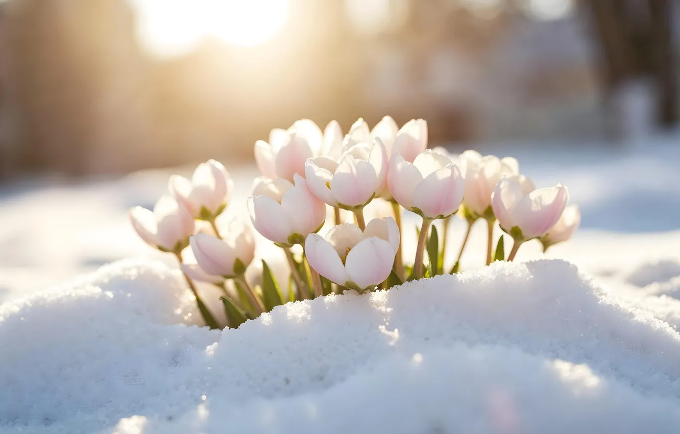 Фото обои зима, снег, цветы, весна, flowers, winter, snow, spring
