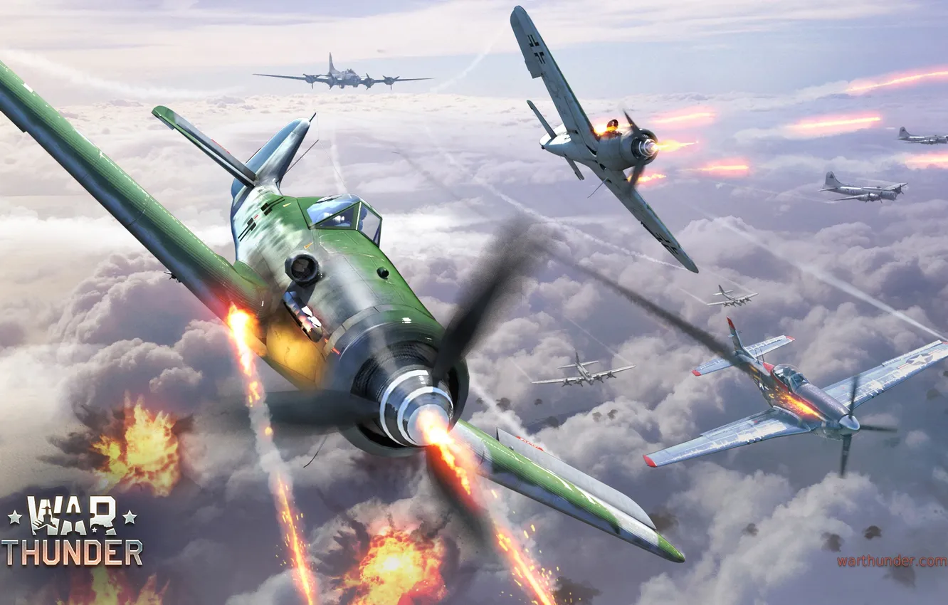 Фото обои небо, облака, пламя, война, Mustang, истребитель, Boeing, бомбардировщик