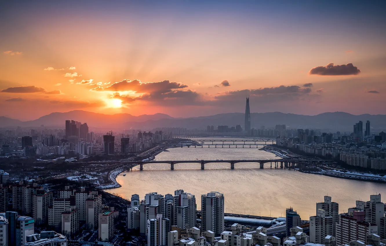 Фото обои Seoul, Han River, Lotte Tower, Winter Sunrise