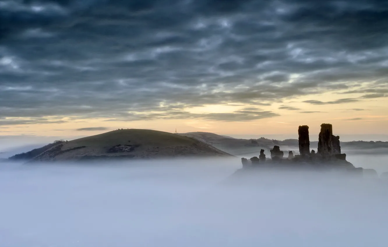 Фото обои пейзаж, закат, туман, Corfe Castle