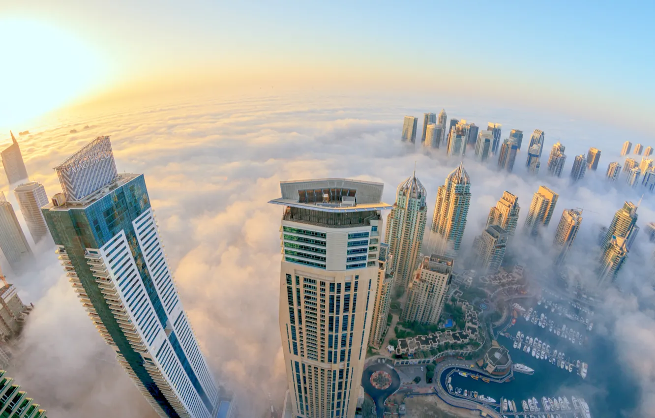 Фото обои город, туман, вид, небоскребы, Дубай