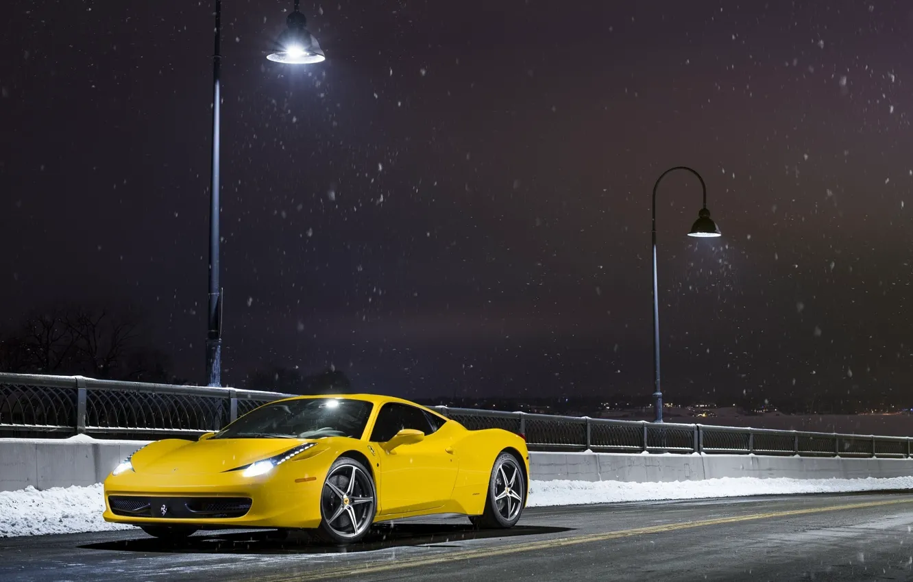 Фото обои Ferrari, 458, Front, Snow, Yellow, Italia, Road, Supercar