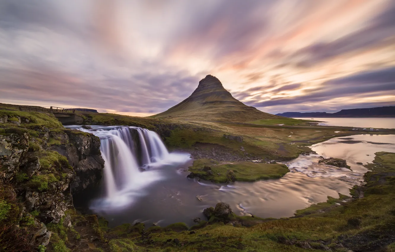 Фото обои небо, облака, выдержка, водопады, Исландия, Kirkjufellsfoss, гора Kirkjufell