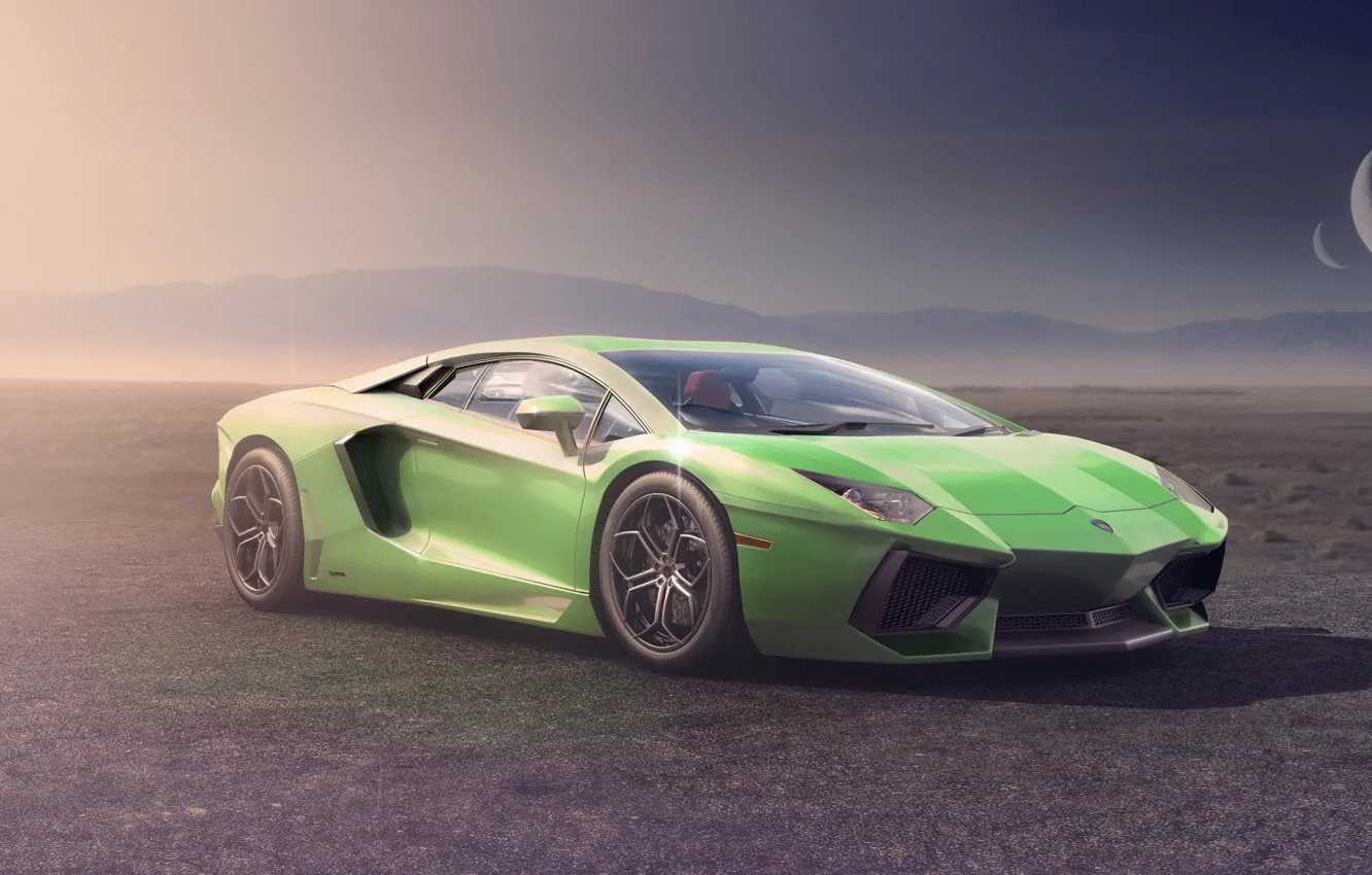Фото обои Lamborghini, Moon, Green, Front, LP700-4, Aventador, Supercar, Desert