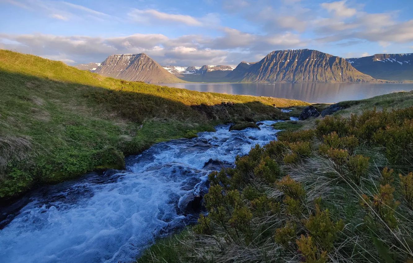 Фото обои river, field, landscape, nature, mountains, clouds, lake, Iceland