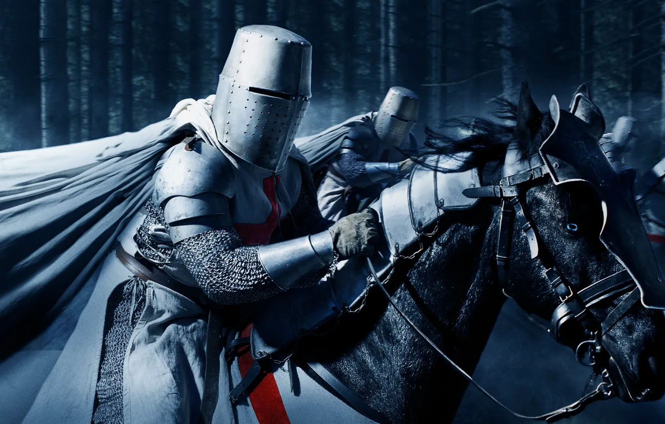 Фото обои доспехи, лошади, шлем, рыцари, крестоносец
