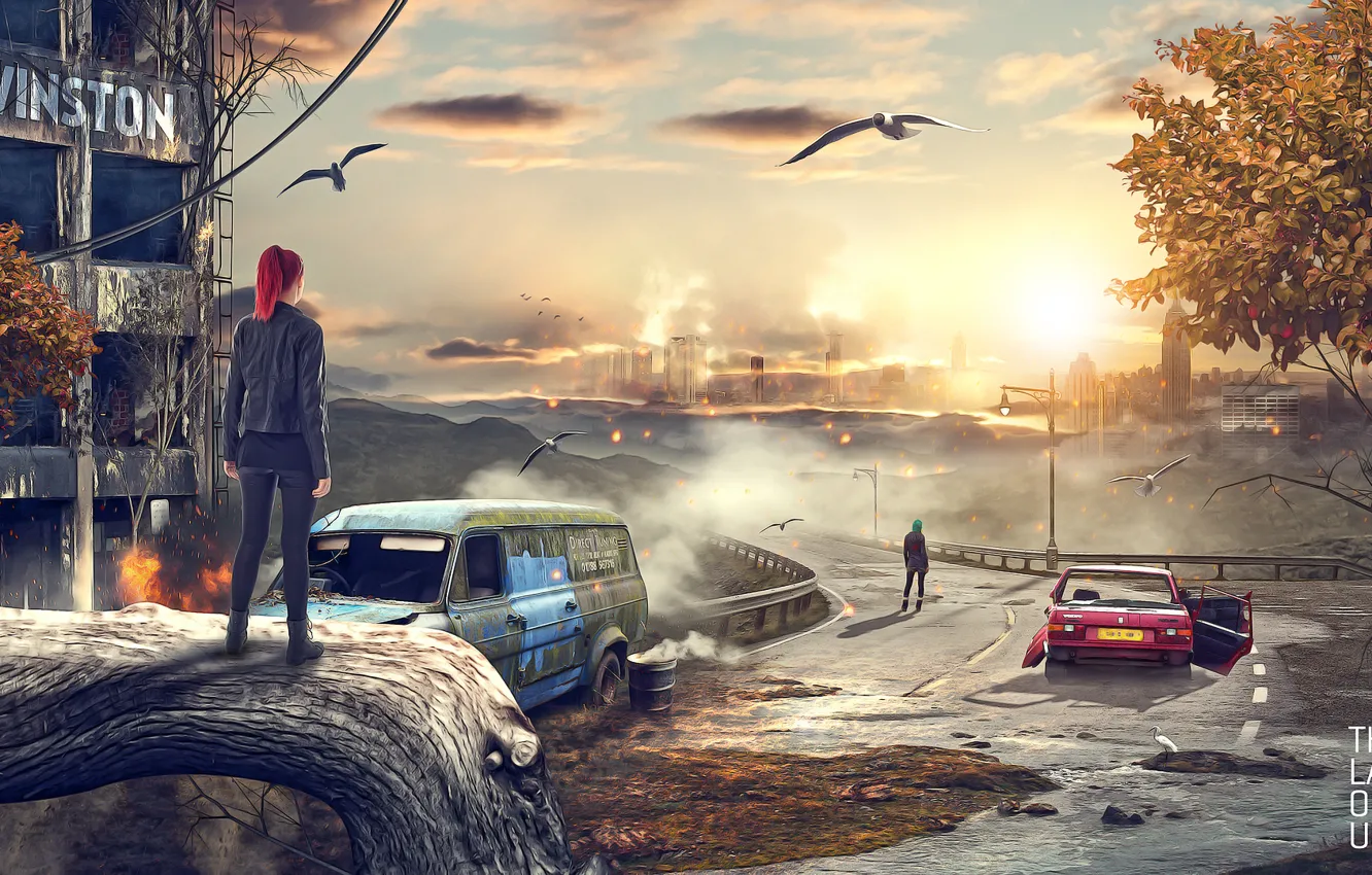 Фото обои авто, девушка, машины, птицы, город, люди, пожар, арт