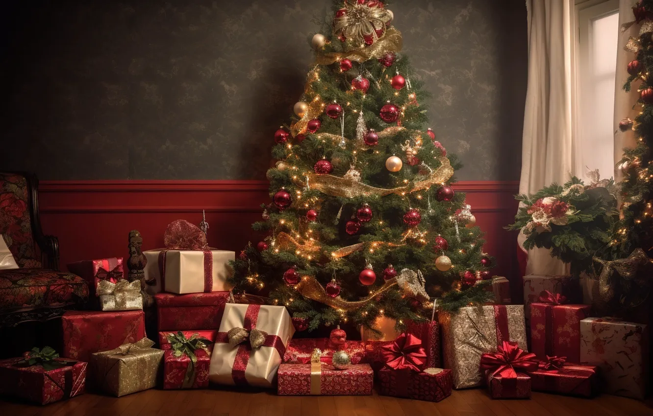 Фото обои зима, украшения, шары, елка, интерьер, Новый Год, Рождество, подарки