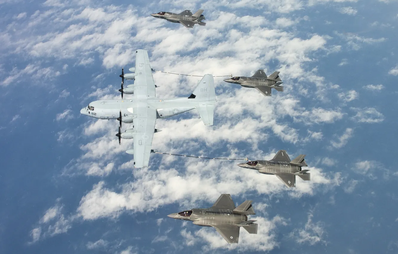 Фото обои истребитель, бомбардировщик, самолёт, военно-транспортный, F-35B, Super Hercules, C-130J