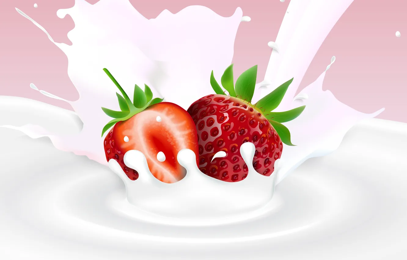 Фото обои фон, молоко, клубника, ягода
