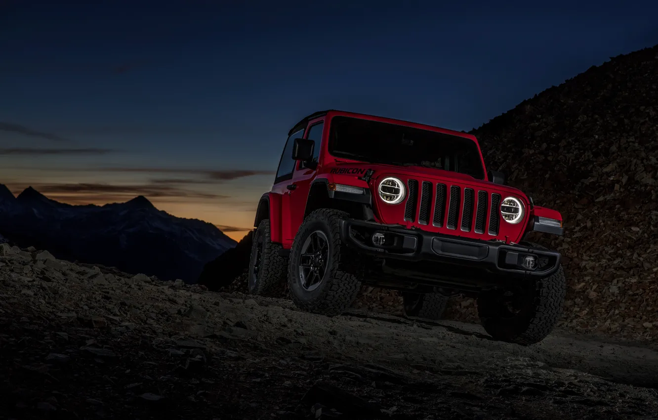 Фото обои горы, ночь, красный, 2018, Jeep, перевал, Wrangler Rubicon