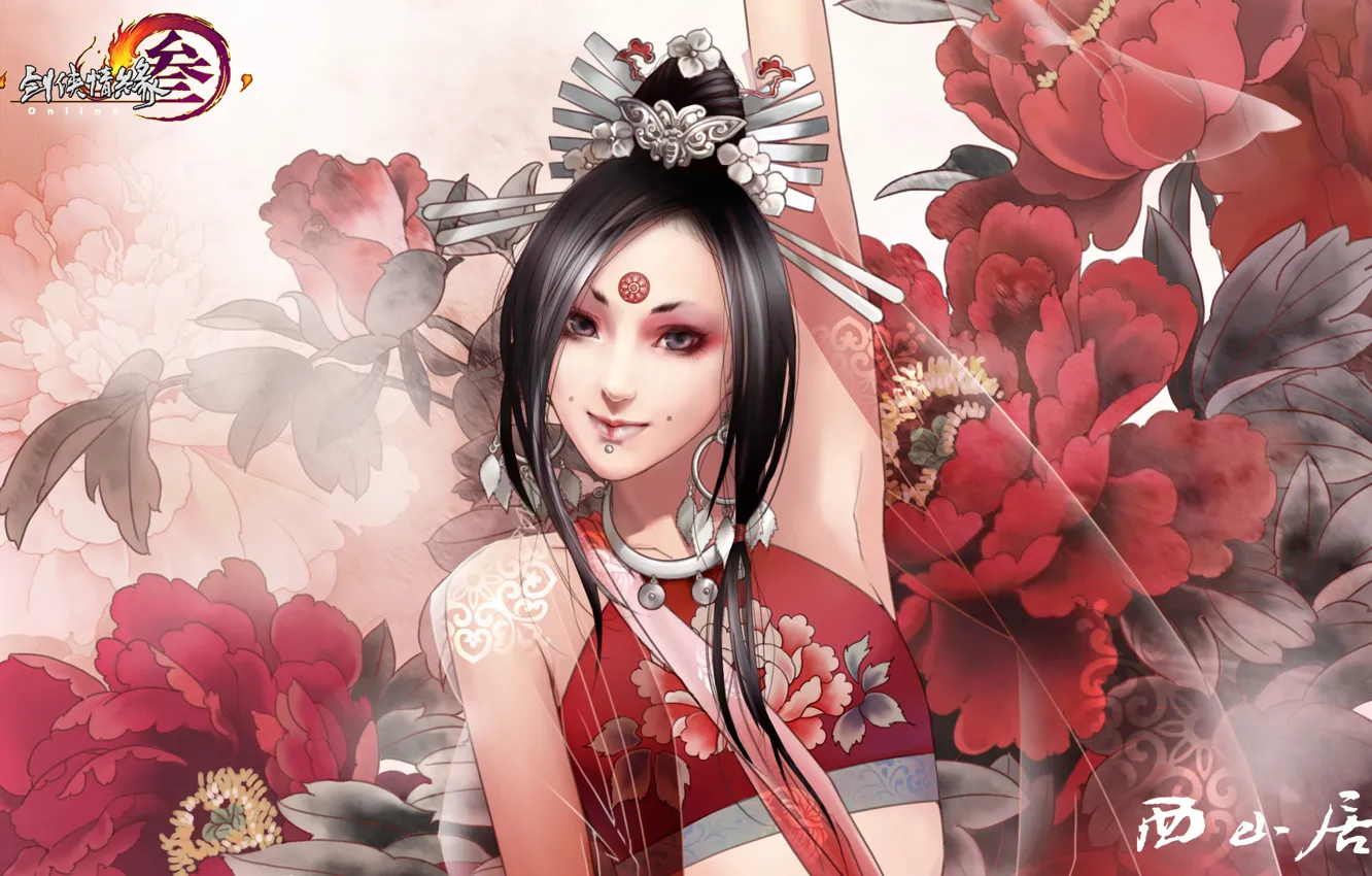Фото обои JX Online, Red Flowers, Chinese, Tattoo