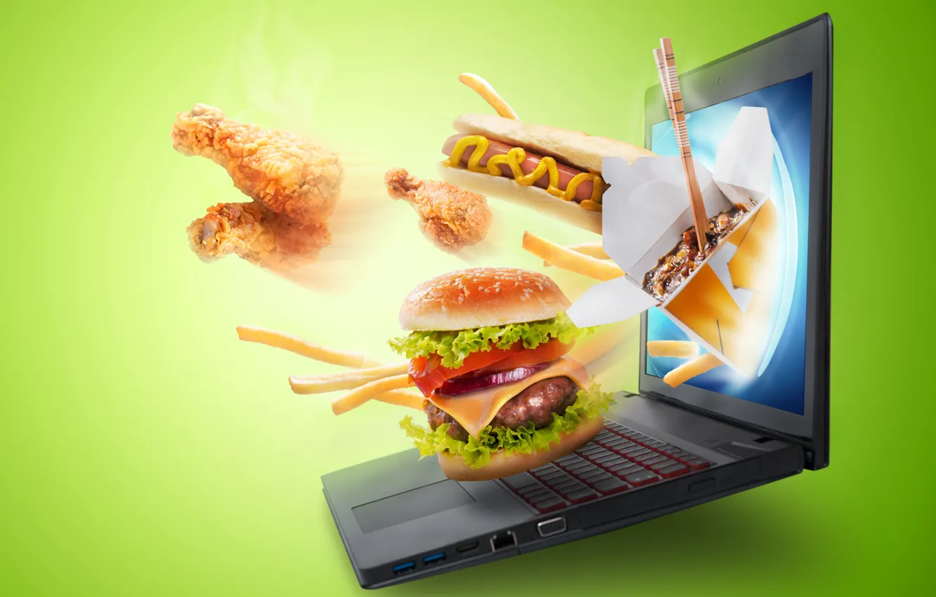 Фото обои фон, еда, ноутбук, экран, гамбургер, хот-дог, фастфуд