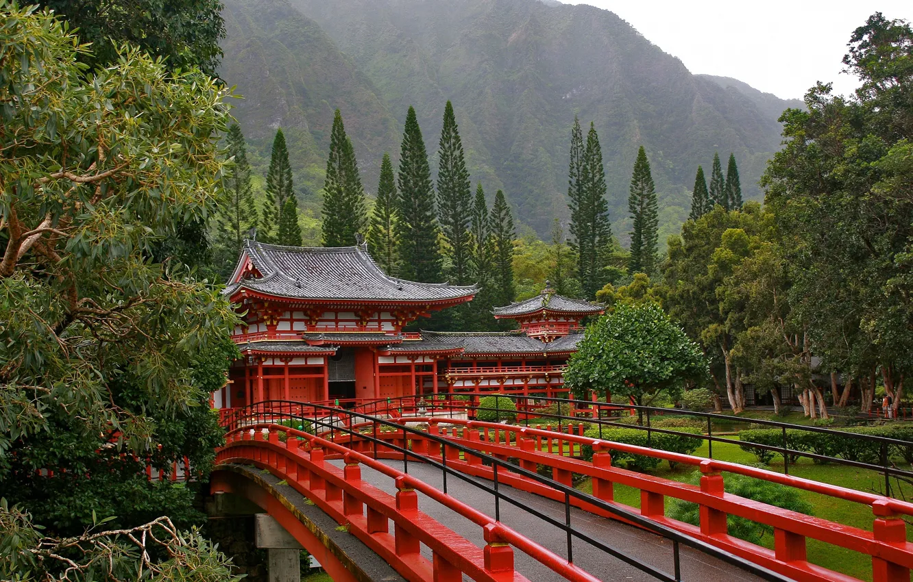 Фото обои деревья, мост, Япония, Пагода