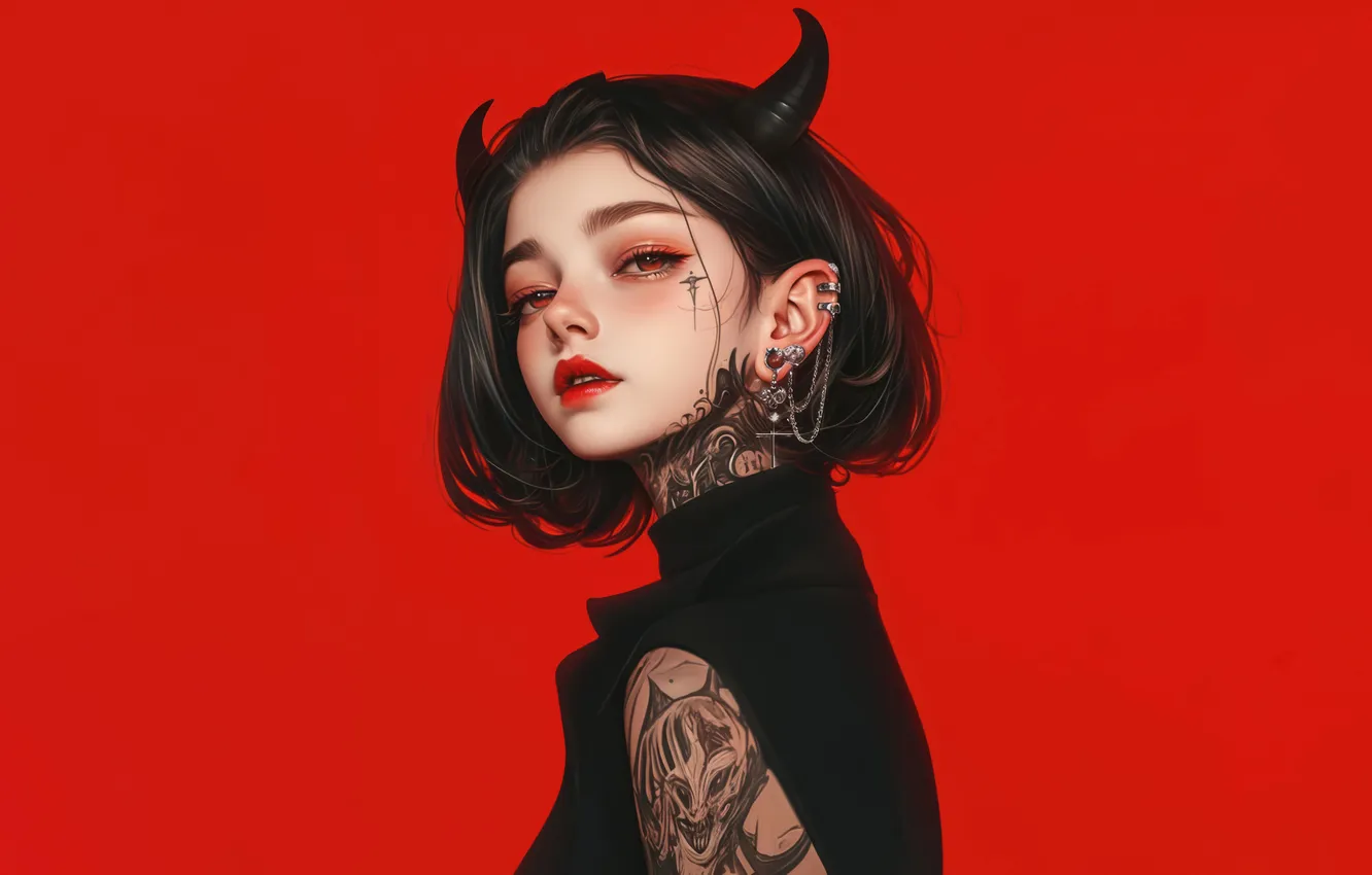 Фото обои Girl, Devil, Anime, Tattoo, Demon, Black Hair, Horn, Red Background