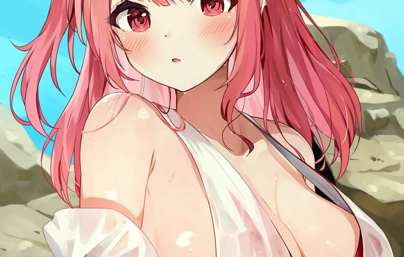 Фото обои girl, sexy, cleavage, blouse, red hair, long hair, boobs, anime