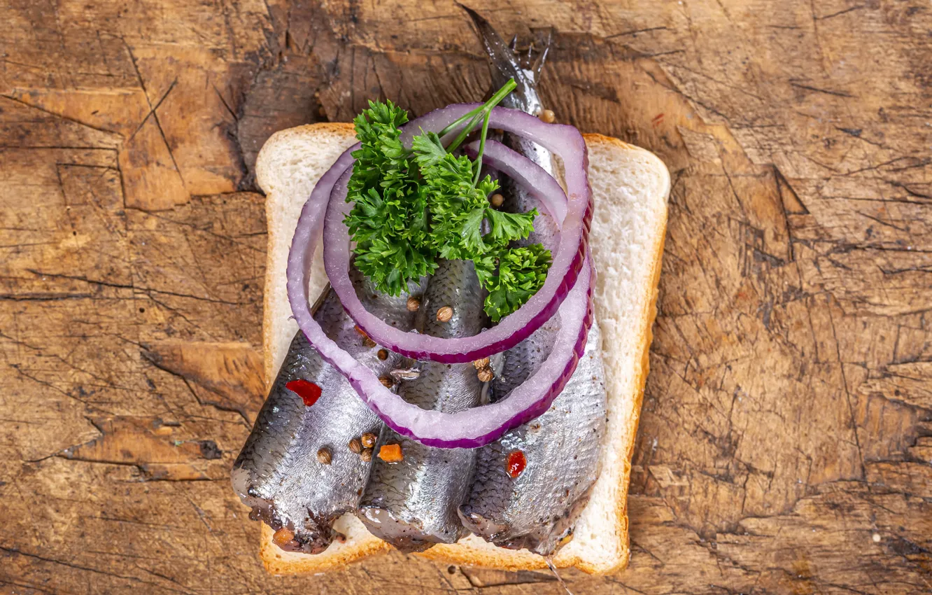 Фото обои рыба, лук, хлеб, бутерброды, закуска