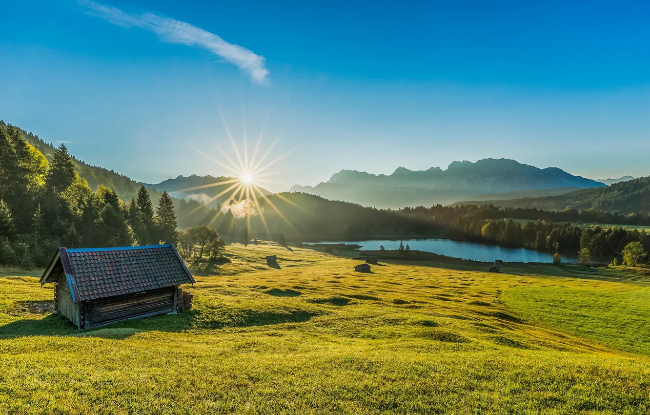 Фото обои горы, озеро, восход, рассвет, утро, Германия, Бавария, луг