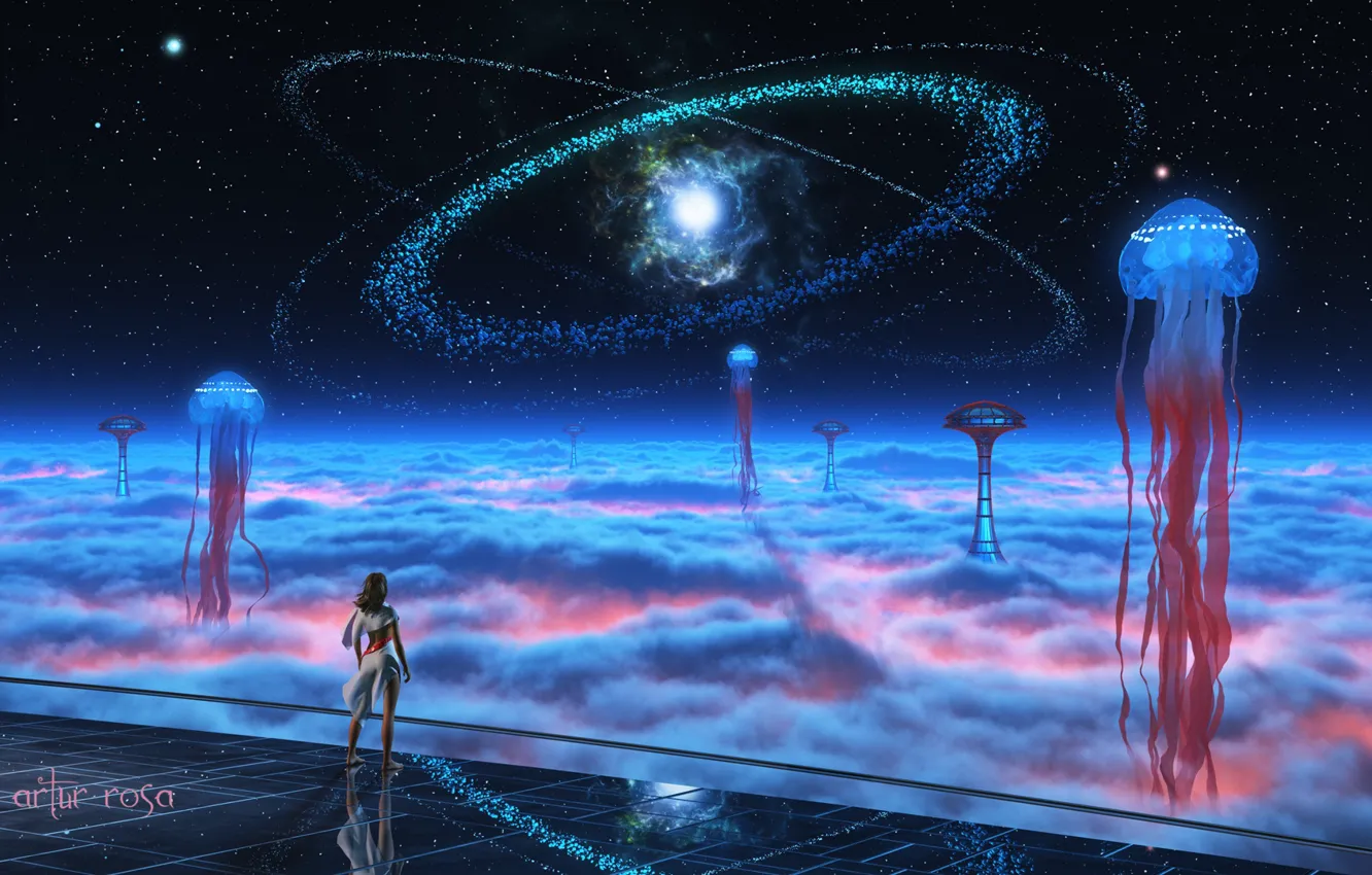 Фото обои девушка, космос, звезды, облака, фантазия, фантастика, человек, башня