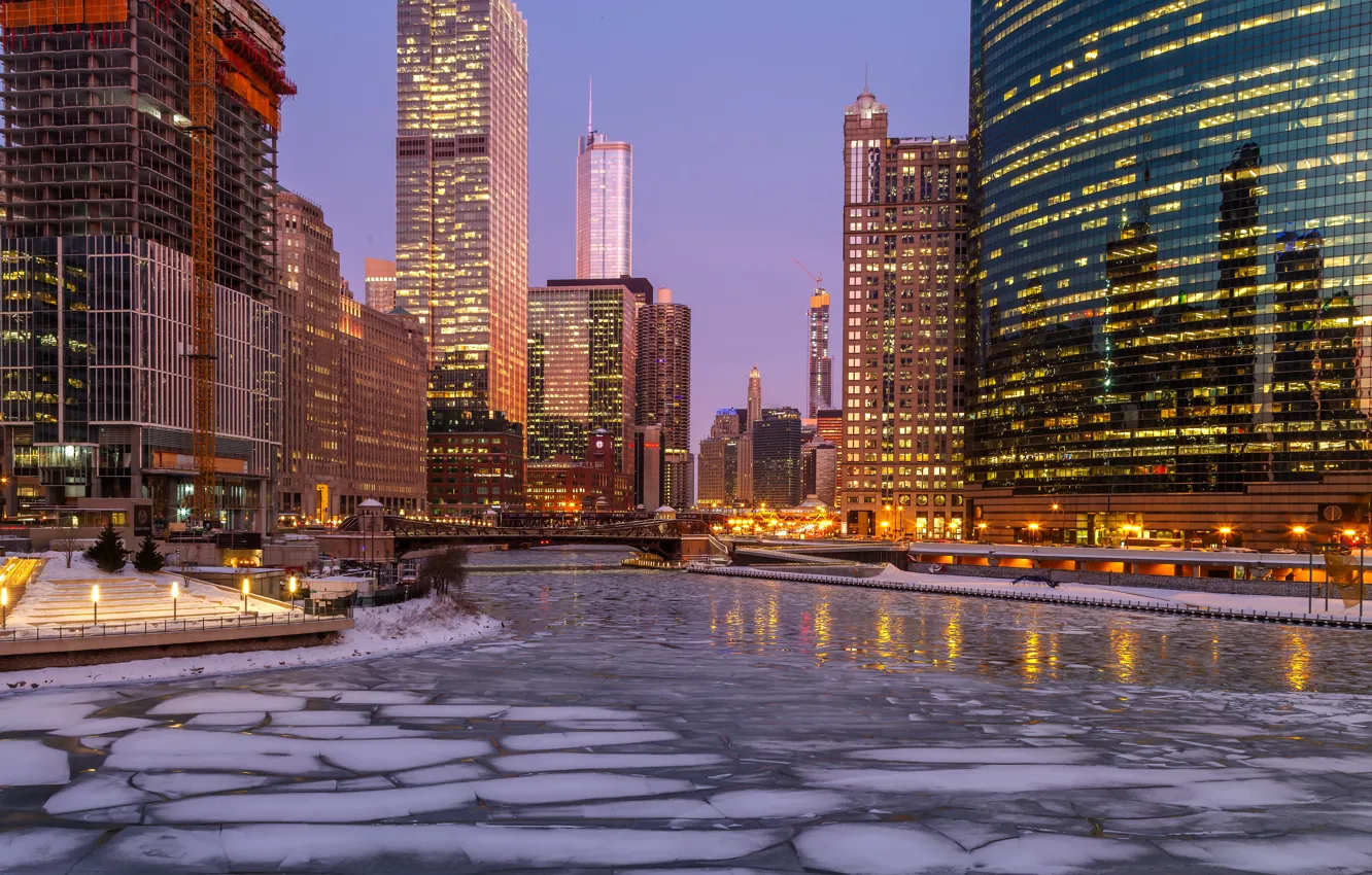 Фото обои зима, огни, река, лёд, небоскребы, вечер, Чикаго, USA